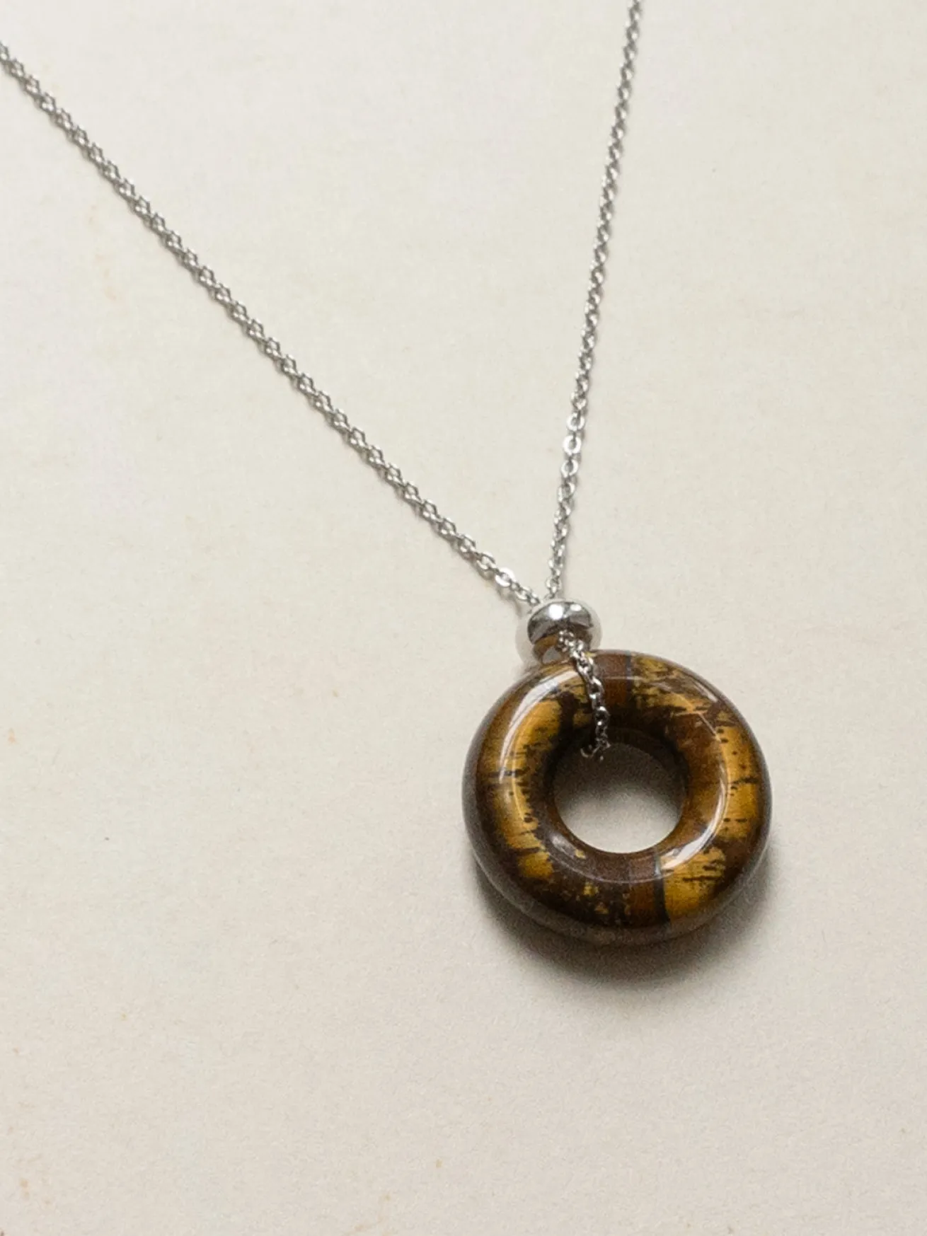 Donut Stone Necklace, Silver - Tiger Eye