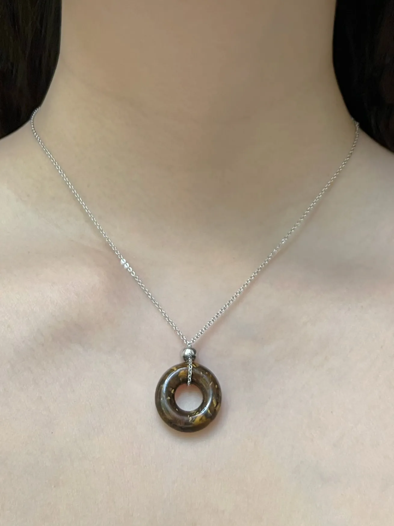 Donut Stone Necklace, Silver - Tiger Eye