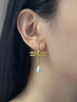 Dragonfly Teardrop Pearl Earrings