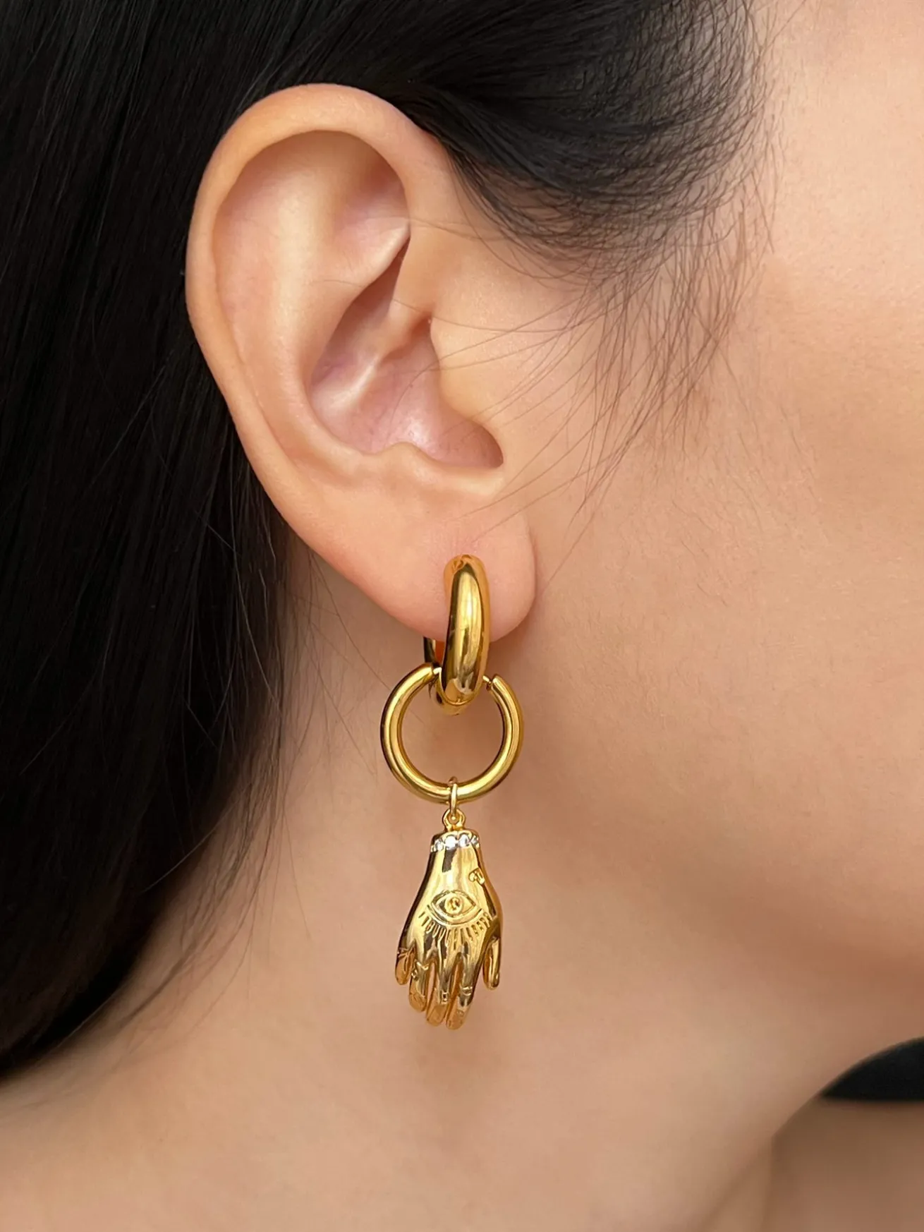 Evil Eye Hand Chunky Gold Hoops