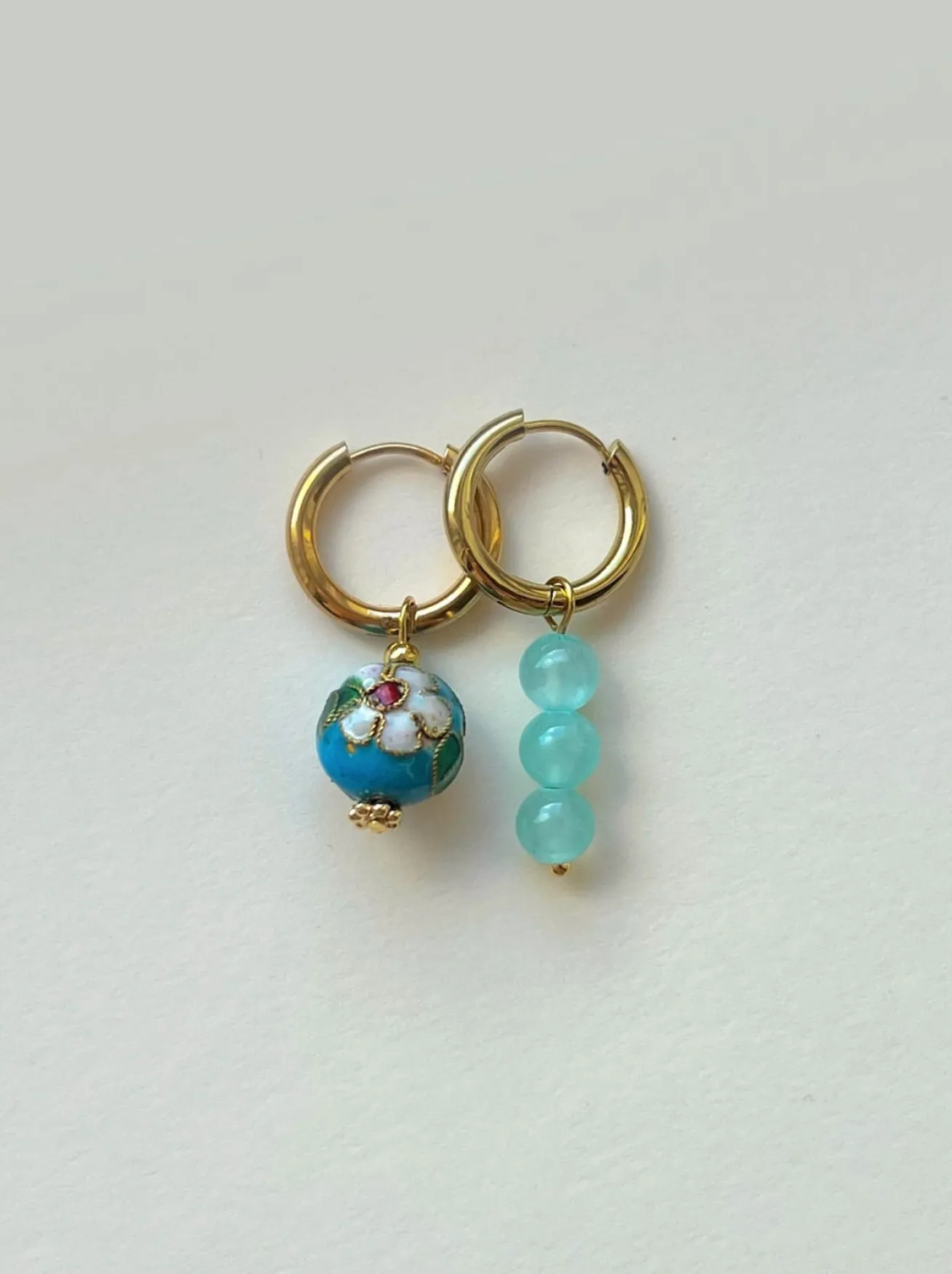 Flower Cloisonne & Little Stone Mismatched Hoops - Blue