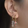 Flower Cloisonne & Little Stone Mismatched Hoops - Pink