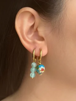 Flower Cloisonne & Little Stone Mismatched Hoops - Blue