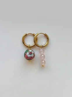 Flower Cloisonne & Little Stone Mismatched Hoops - Pink