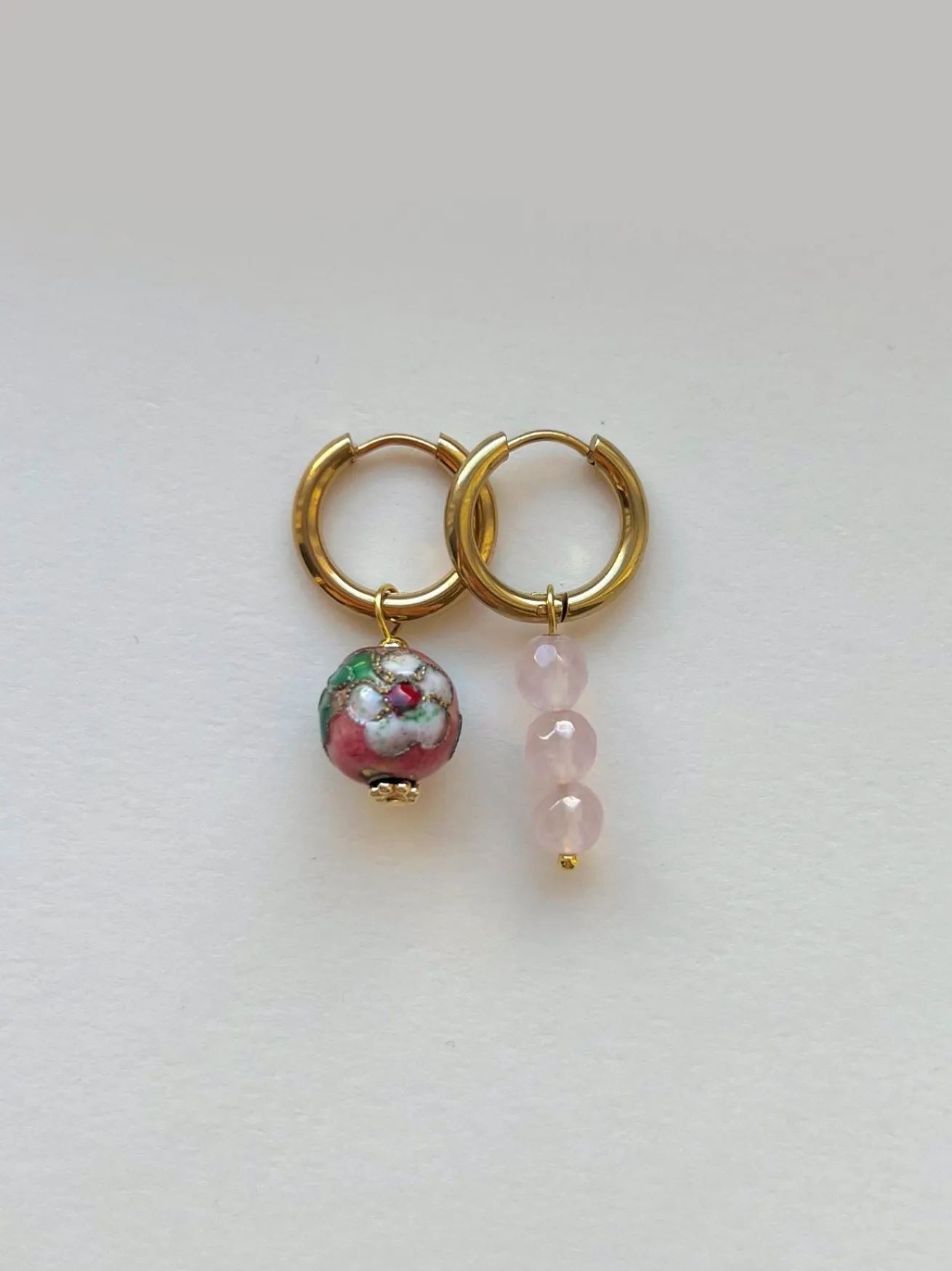 Flower Cloisonne & Little Stone Mismatched Hoops - Pink