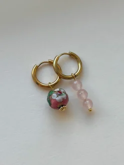 Flower Cloisonne & Little Stone Mismatched Hoops - Pink