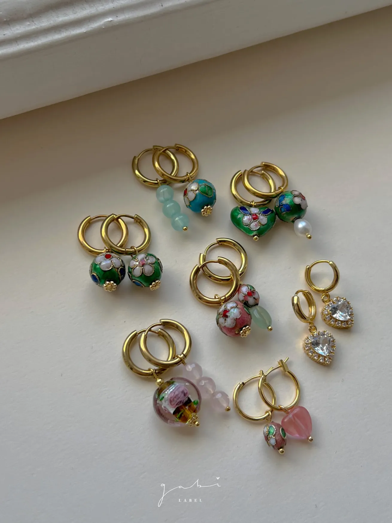 Flower Cloisonne & Little Stone Mismatched Hoops - Pink