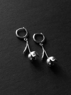 Flower Dangle Huggies - Silver