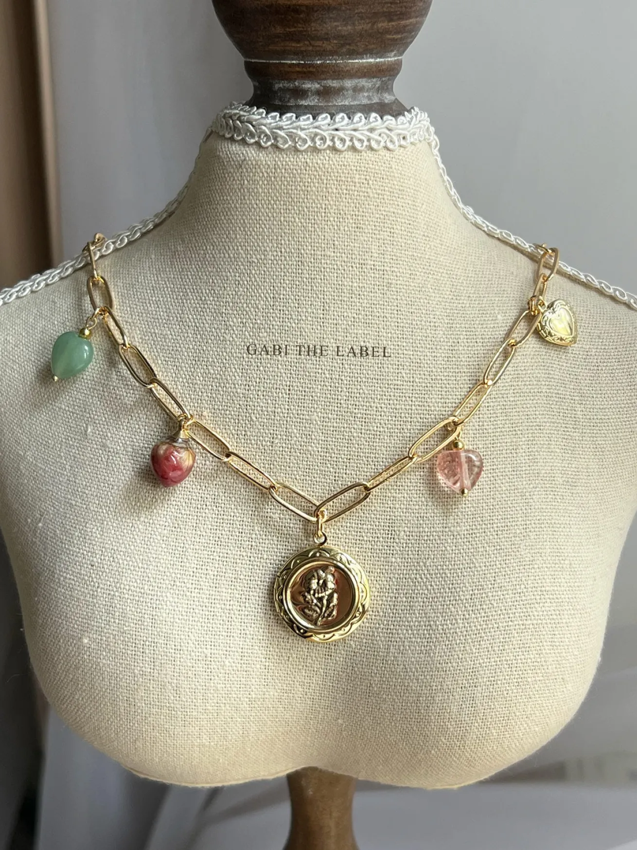 Flower Round Locket Charm Necklace - Crystal Hearts/Dried Rose