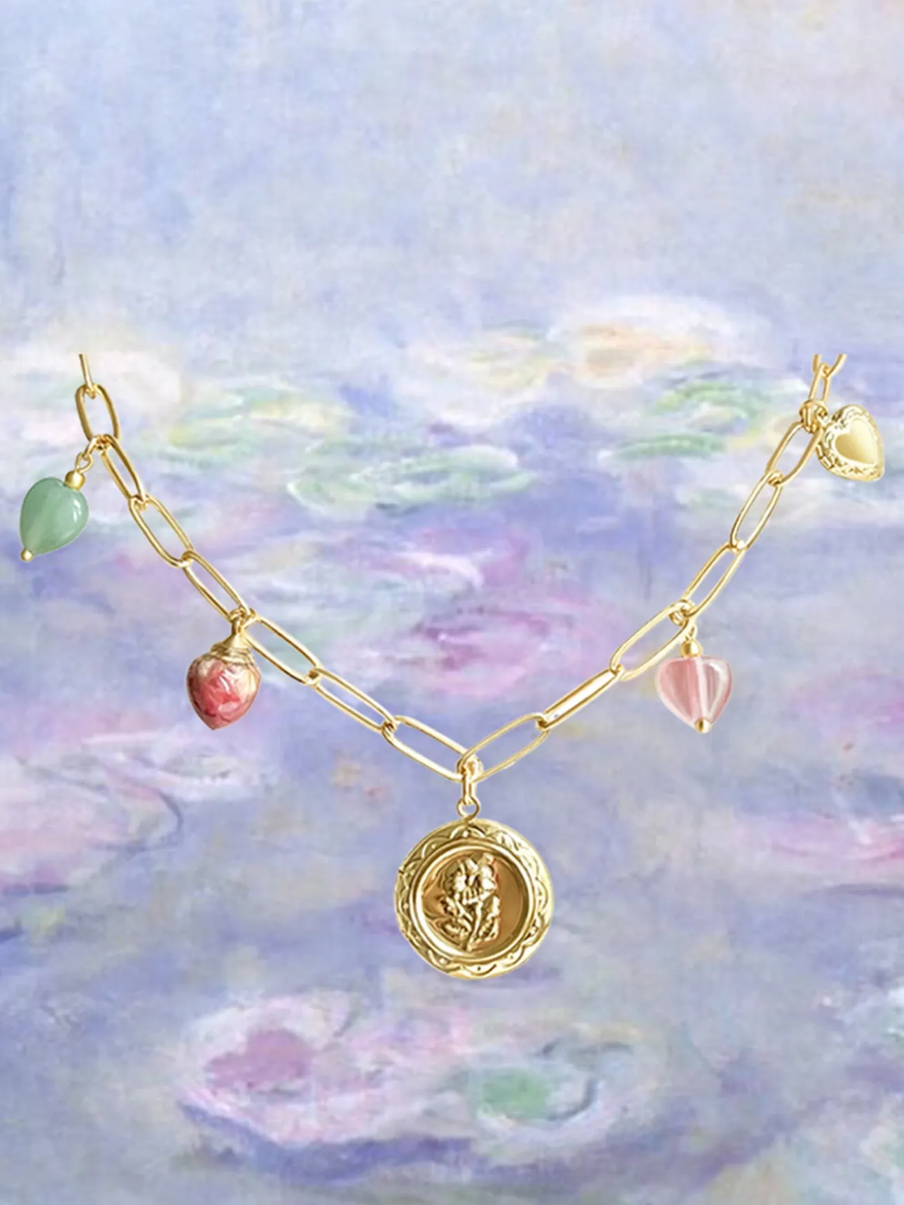 Flower Round Locket Charm Necklace - Crystal Hearts/Dried Rose