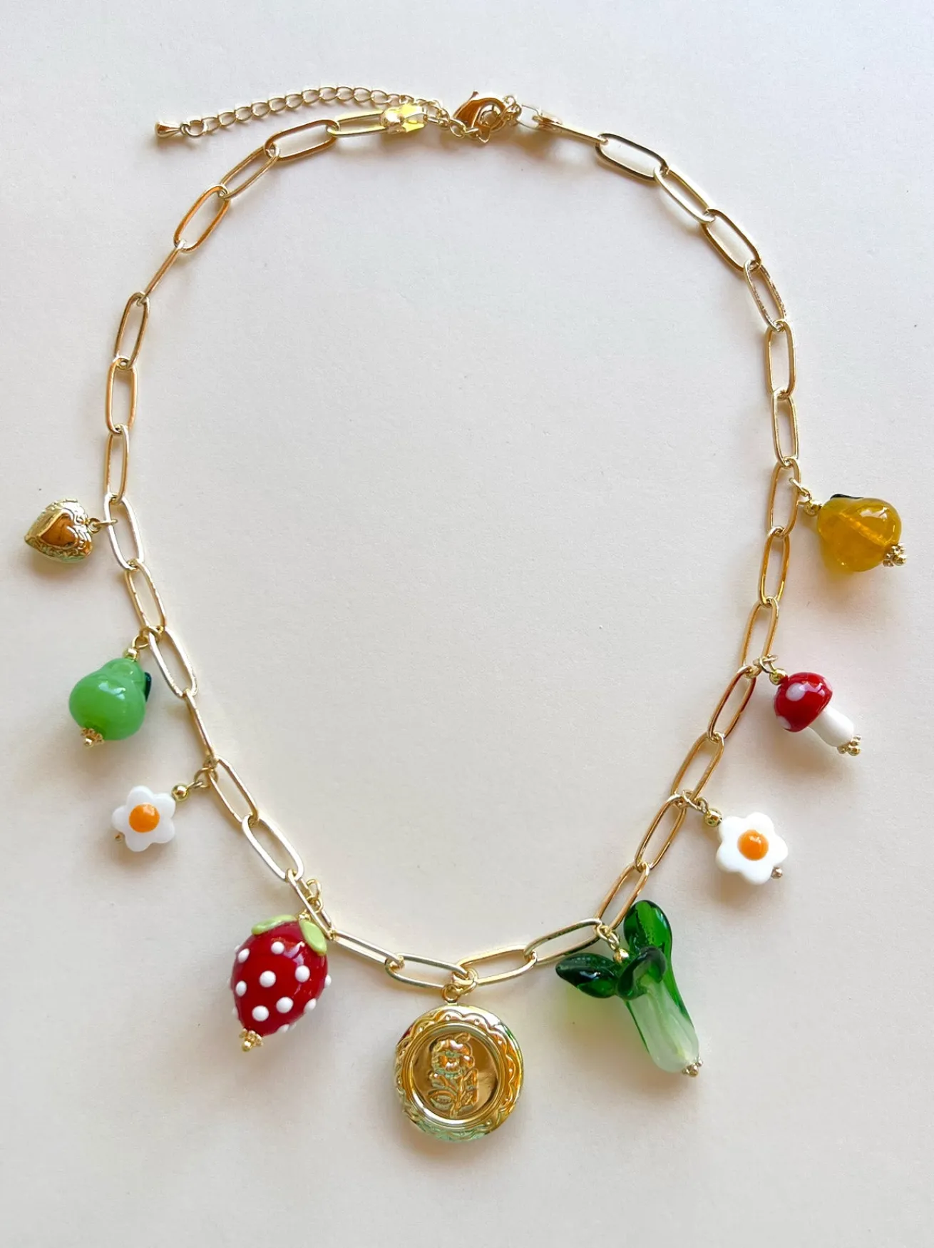 Fruits & Veggies Flower Locket Charm Necklace - Red Strawberry, Bok Choy & Pears