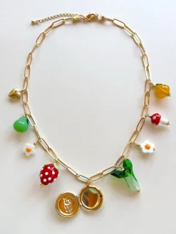 Fruits & Veggies Flower Locket Charm Necklace - Red Strawberry, Bok Choy & Pears
