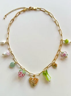 Fruits & Veggies Heart Locket Charm Necklace - Pink Strawberry, Bok Choy & Mushrooms