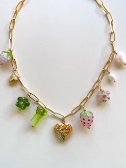 Fruits & Veggies Heart Locket Charm Necklace - Pink Strawberry, Bok Choy & Glass Flowers
