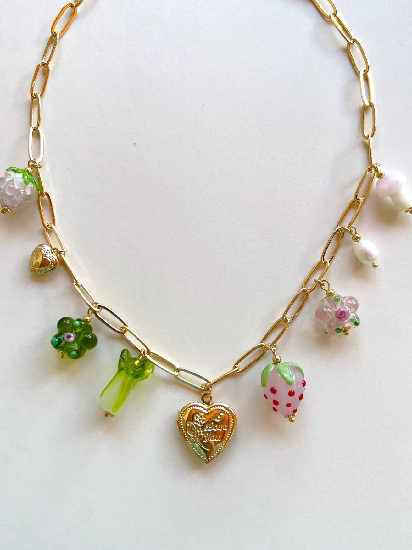 Fruits & Veggies Heart Locket Charm Necklace - Pink Strawberry, Bok Choy & Glass Flowers
