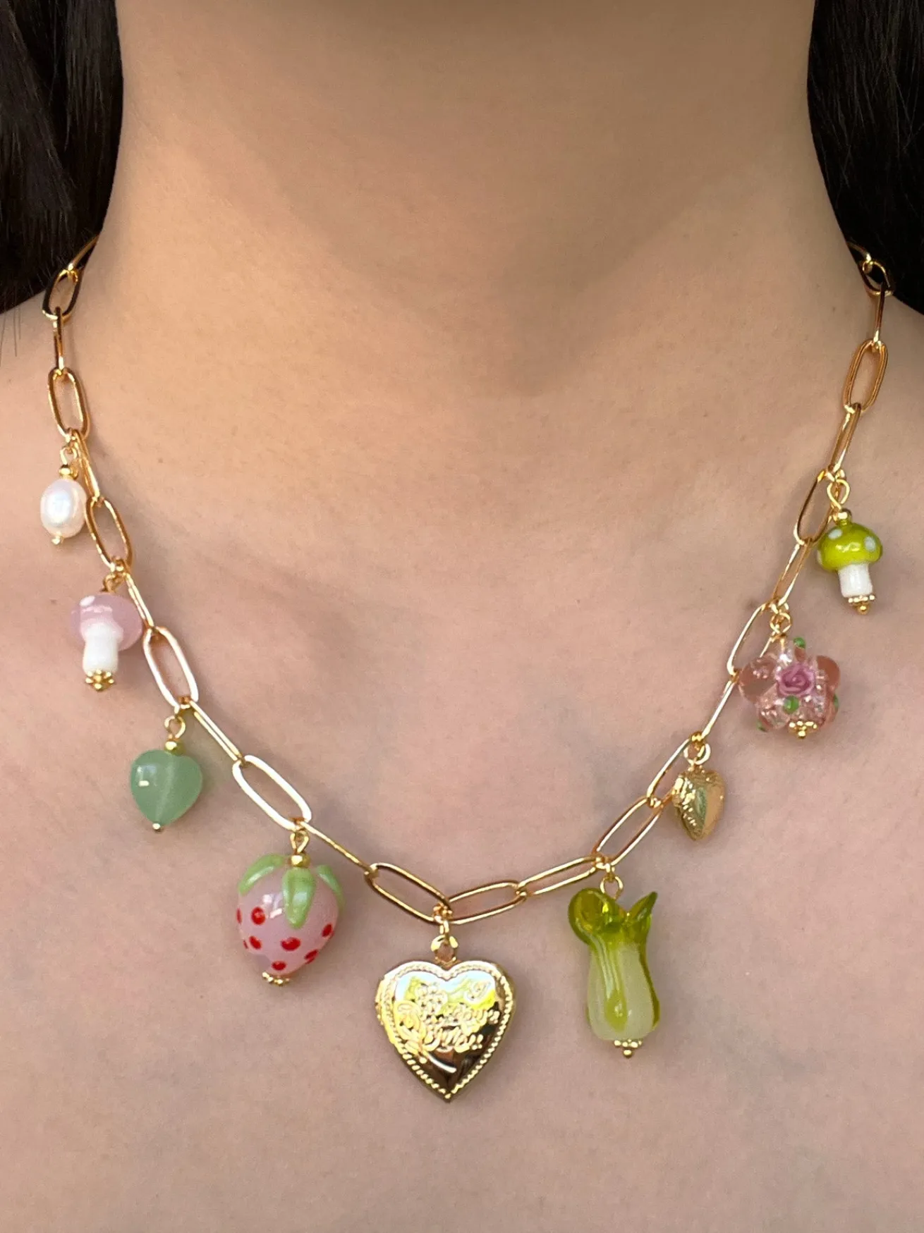 Fruits & Veggies Heart Locket Charm Necklace - Pink Strawberry, Bok Choy & Mushrooms