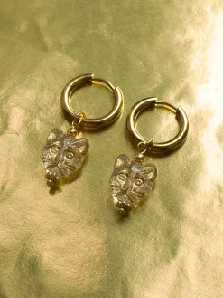 Glass Carved Cat Hoops - Clear