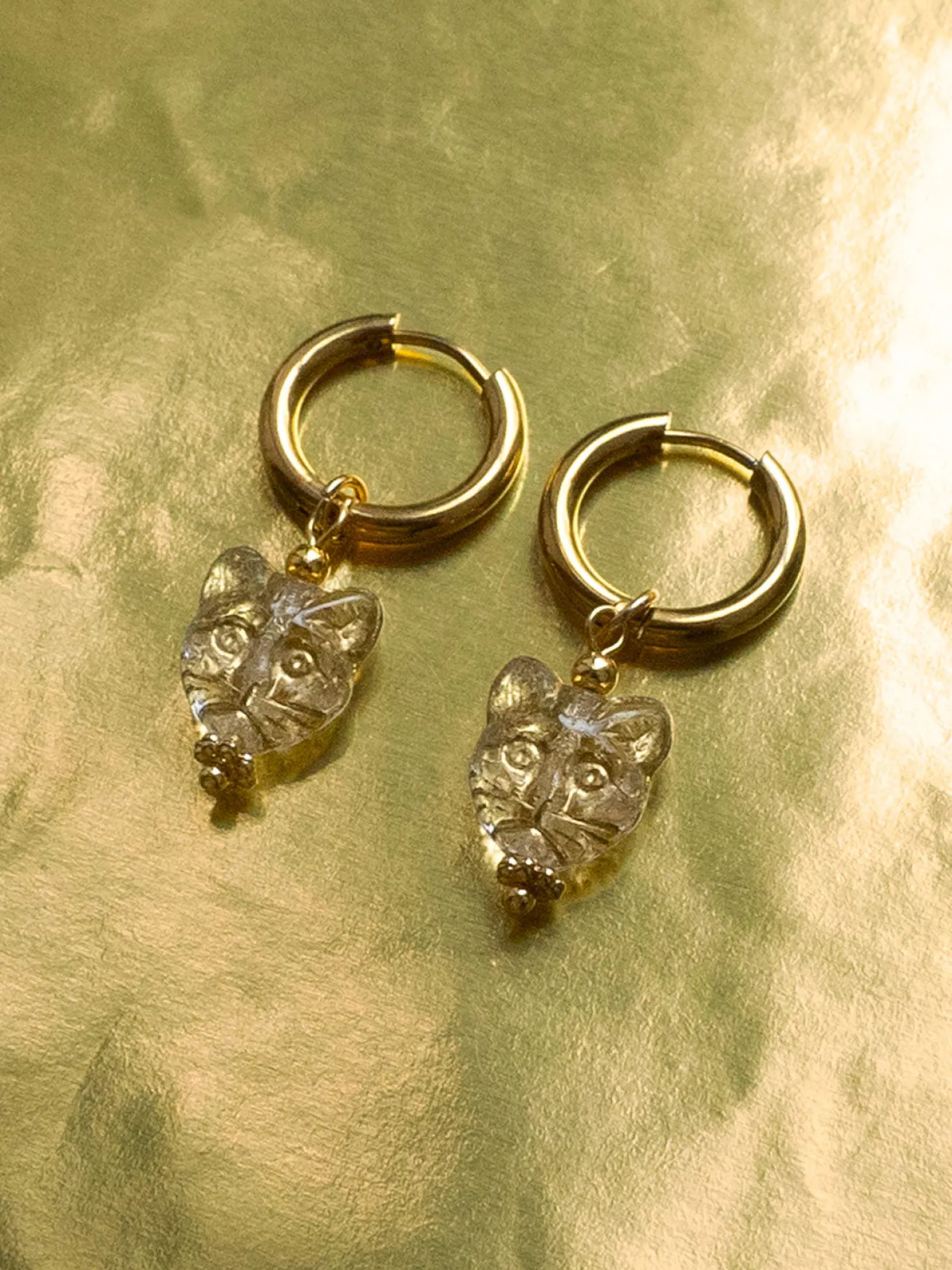 Glass Carved Cat Hoops - Clear