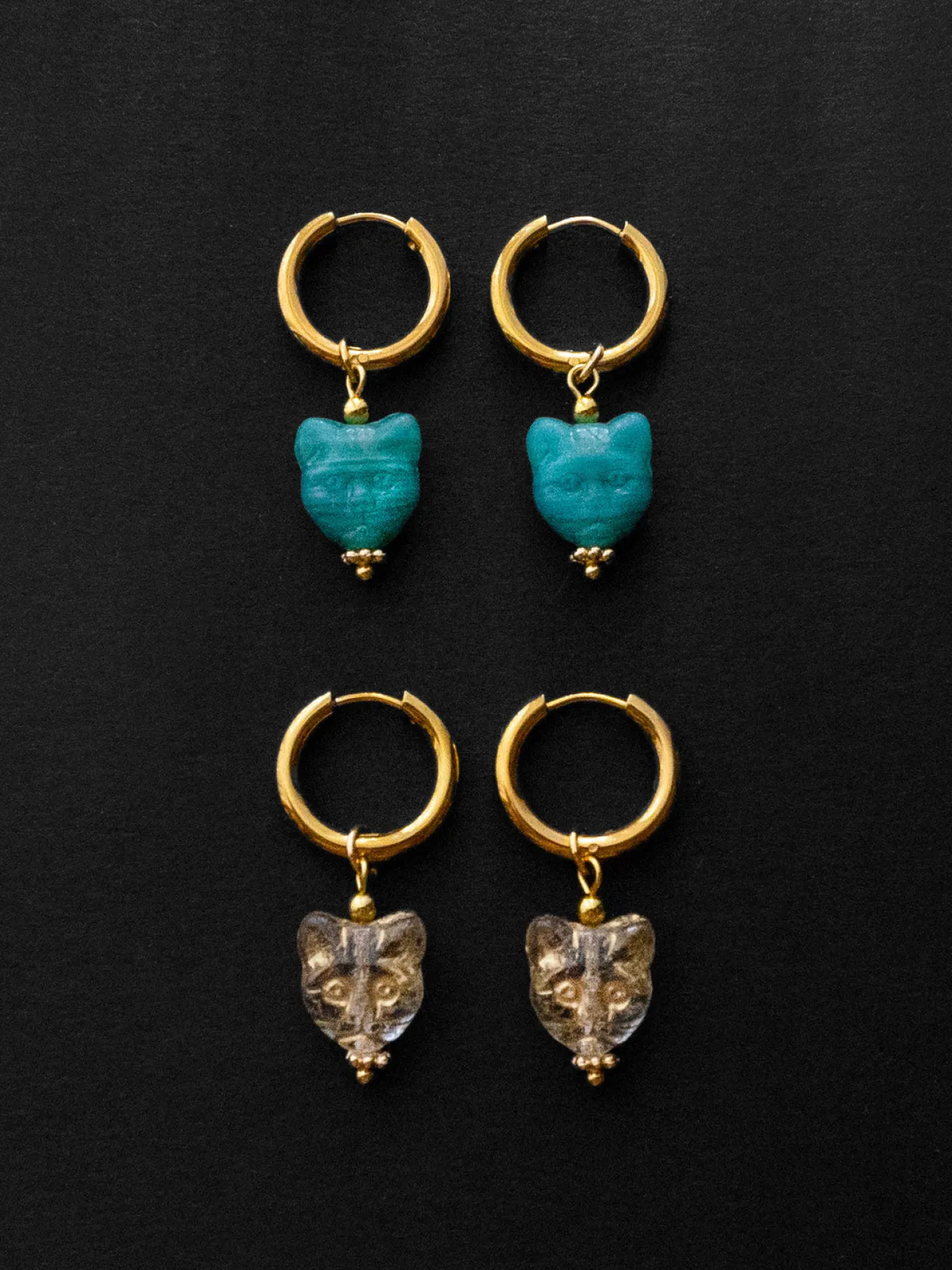 Glass Carved Cat Hoops - Clear