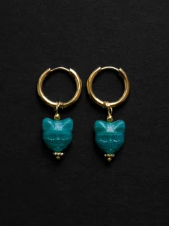 Glass Carved Cat Hoops - Turquoise