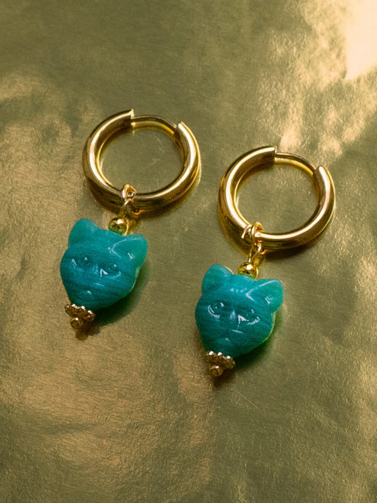 Glass Carved Cat Hoops - Turquoise
