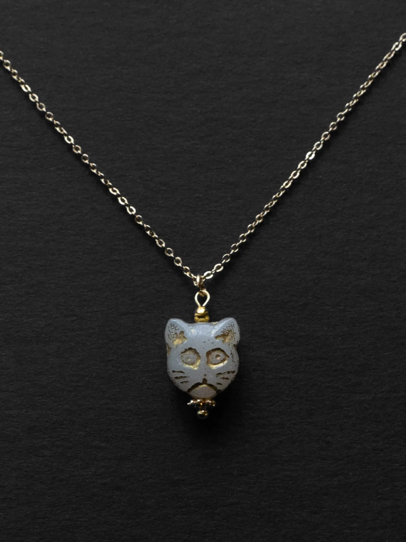 Glass Carved Cat Necklace - White