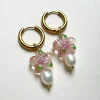Glass Flower & Pearl Hoop Earrings - Pink