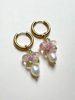 Glass Flower & Pearl Hoop Earrings - Pink