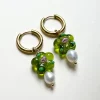 Glass Flower & Pearl Hoop Earrings - Apple green