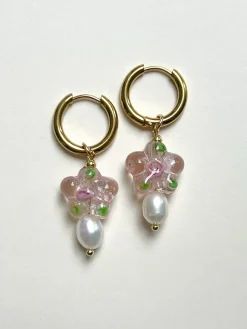 Glass Flower & Pearl Hoop Earrings - Pink