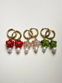 Glass Flower & Pearl Hoop Earrings - Apple green