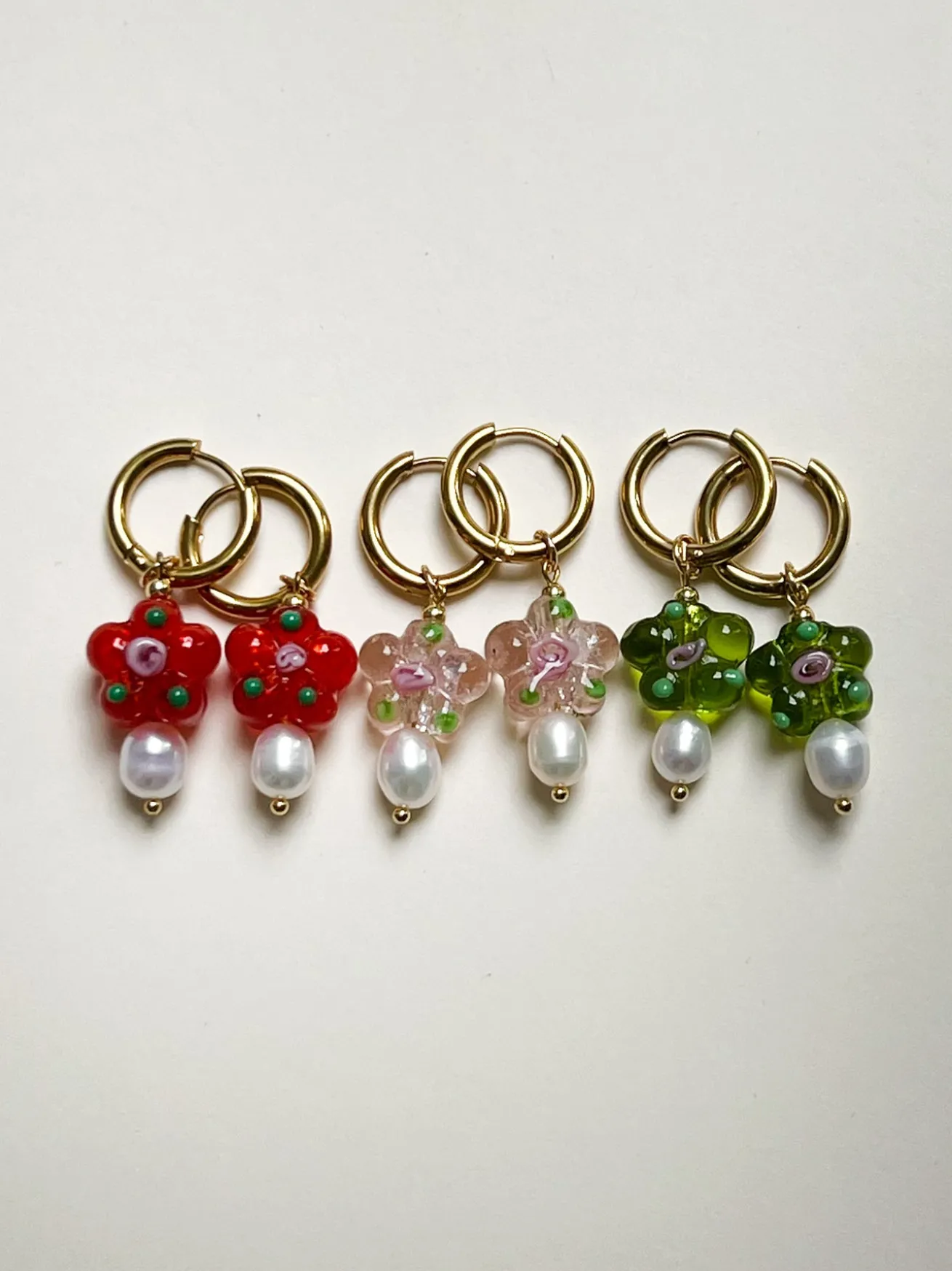 Glass Flower & Pearl Hoop Earrings - Orange