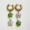 Glass Flower Asymmetric Chunky Hoops - Pink/Apple Green