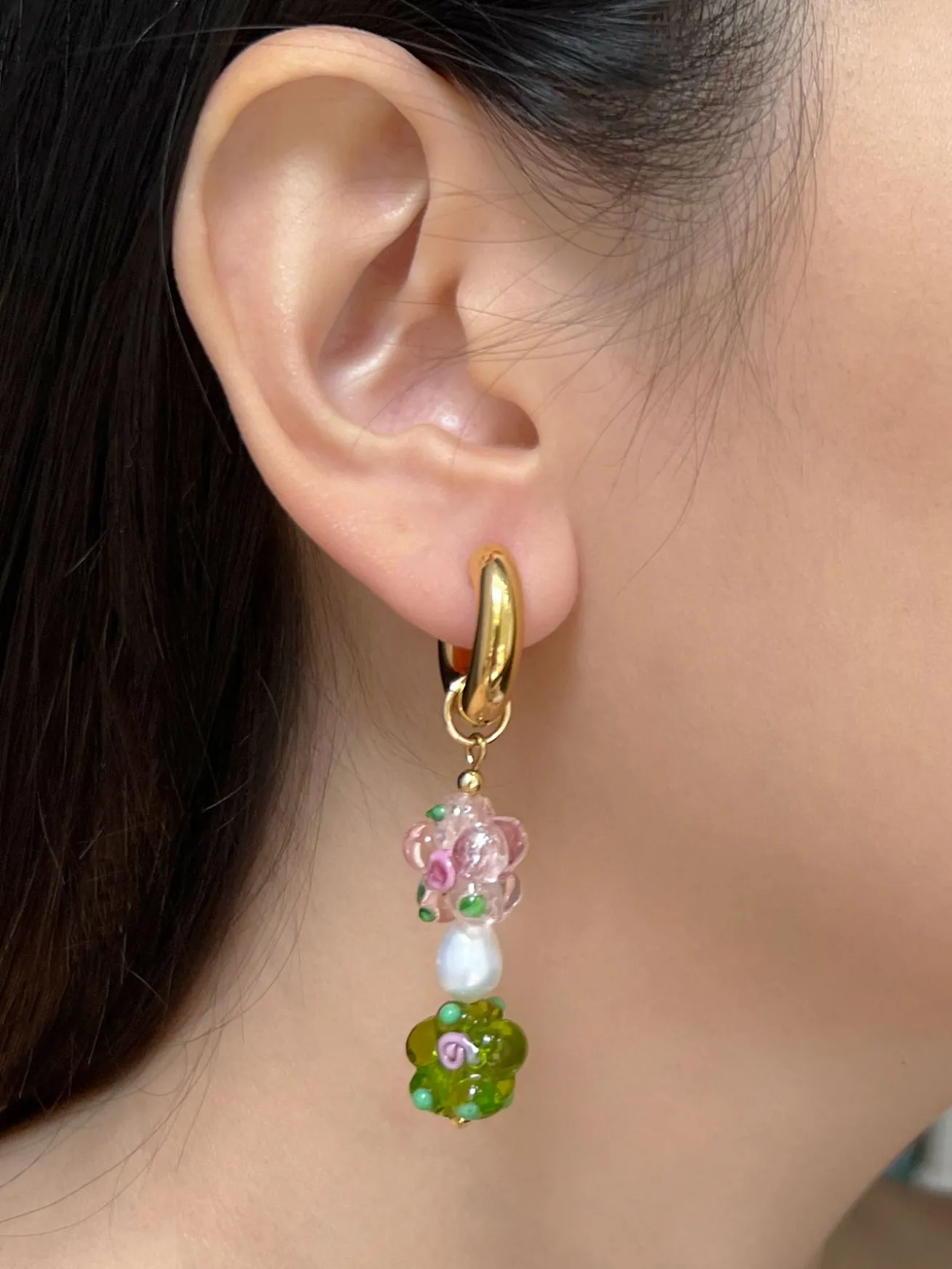 Glass Flower Asymmetric Chunky Hoops - Pink/Apple Green