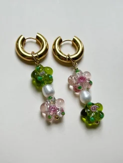 Glass Flower Asymmetric Chunky Hoops - Pink/Apple Green
