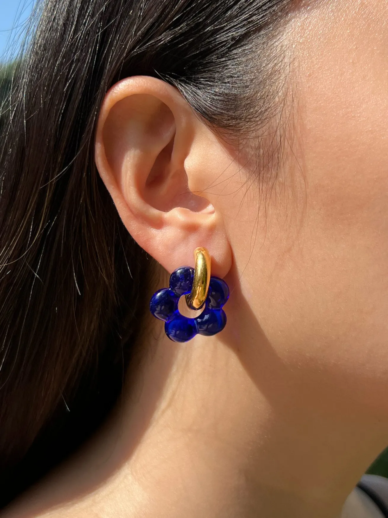 Glass Flower Donut Hoops - Cobalt Blue