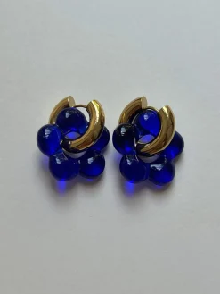 Glass Flower Donut Hoops - Cobalt Blue