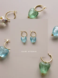 Glass Heart Hoops - Sky *18K Gold-plated