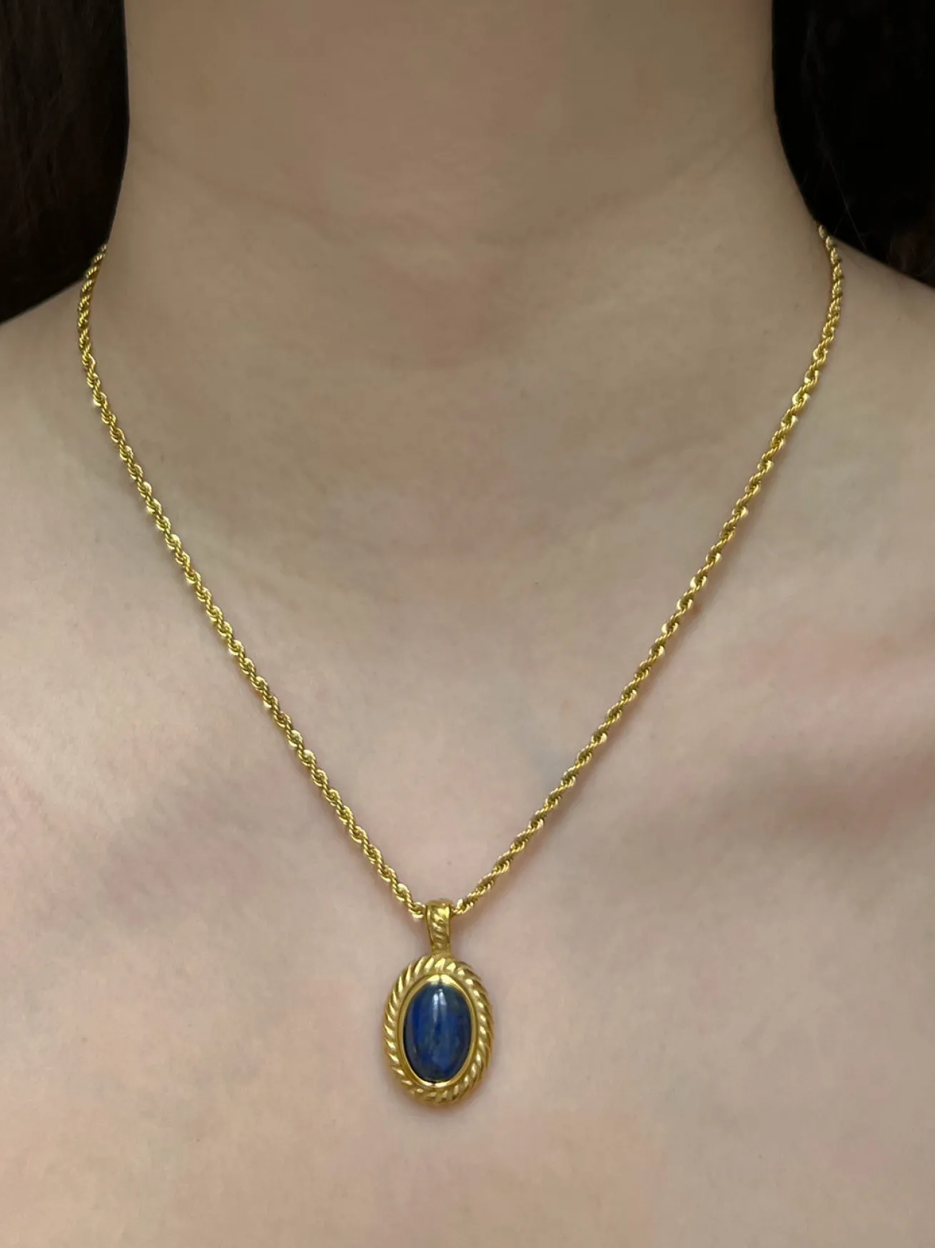 Gold Necklace with Lapis Lazuli Stone Pendant