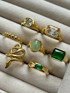 Gold Ring with Oval-encrusted Gemstone - Emerald Green