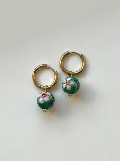 Green Flower Cloisonne Hoops