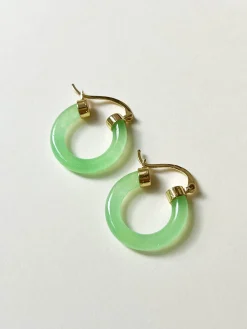 Green Jade Hoops (Gold tone)