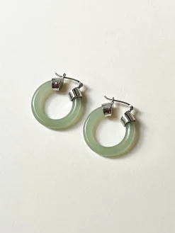 Green Jade Hoops (Silver tone)
