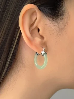 Green Jade Hoops (Silver tone)