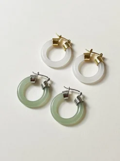 Green Jade Hoops (Silver tone)