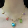Heart Cloisonne Charm Necklace - Blue Heart/Glass Crystals