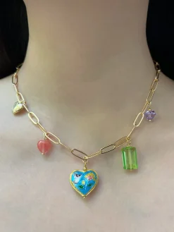 Heart Cloisonne Charm Necklace - Blue Heart/Glass Crystals