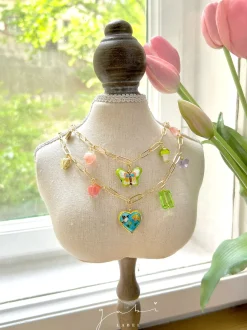 Heart Cloisonne Charm Necklace - Blue Heart/Glass Crystals