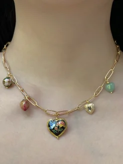 Heart Cloisonne Charm Necklace - Black Heart/Dried Rose