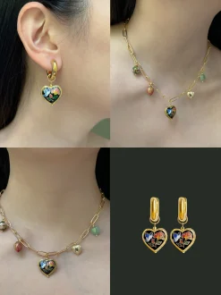 Heart Cloisonne Charm Necklace - Black Heart/Dried Rose